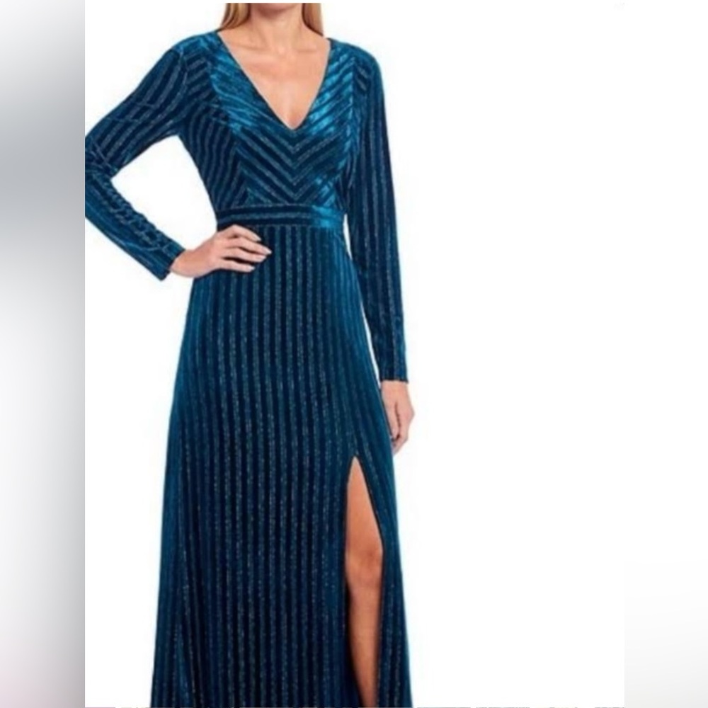 Badgley Mischka Striped Teal Velvet Gown size 6